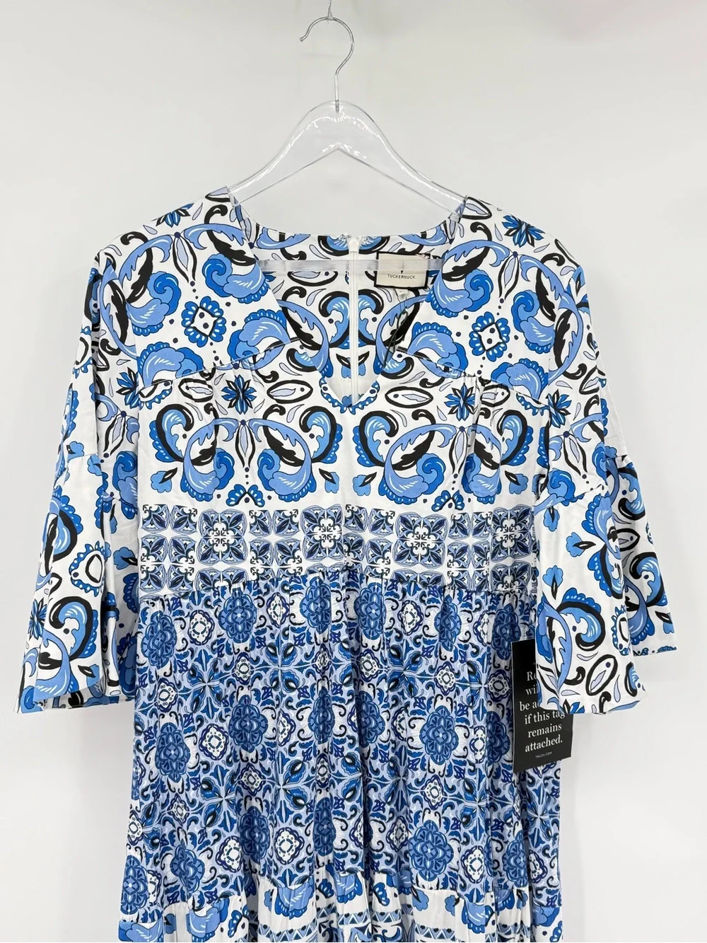 Tuckernuck Blue Majolica Tile Ginger Maxi Dress Flutter Sleeve Tiered XL NEW - Picture 4 of 15